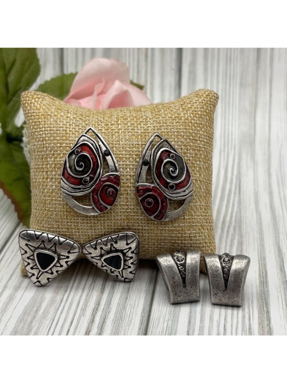 VTG Lot of 3 Brushed Silver Tone Pierced Earrings Enamel & Crystal Accents